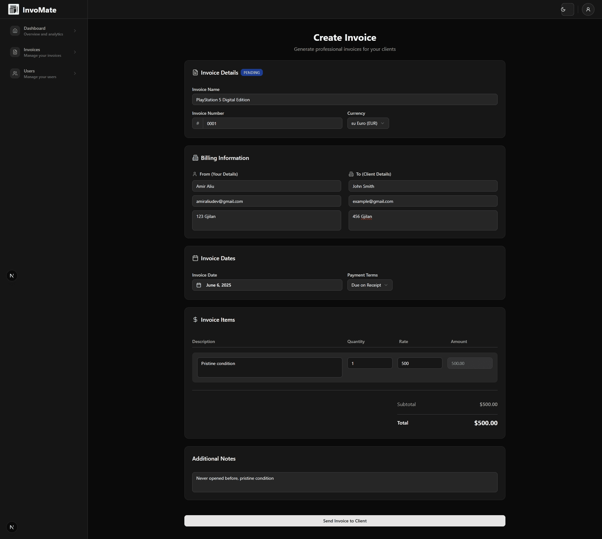 Showcasing the create invoice page