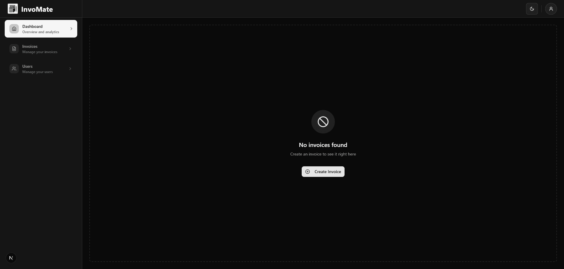 Showcasing the dashboard with no invoices