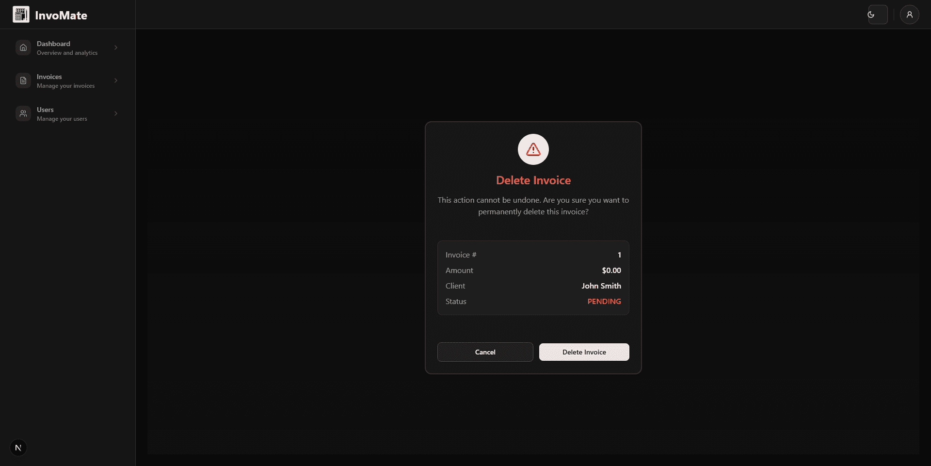 Showcasing the delete invoice modal