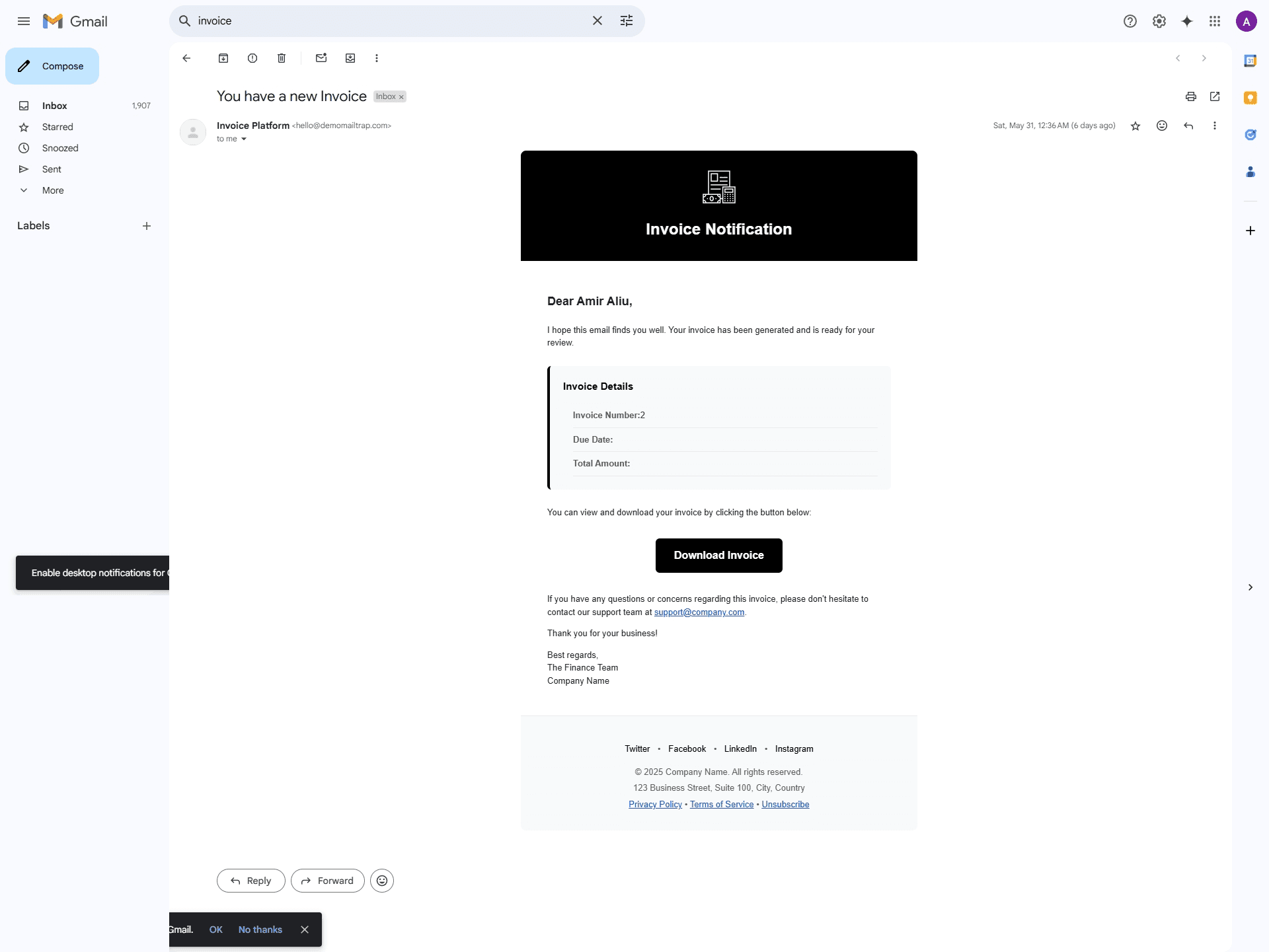 Showcasing the invoice email sent to the client