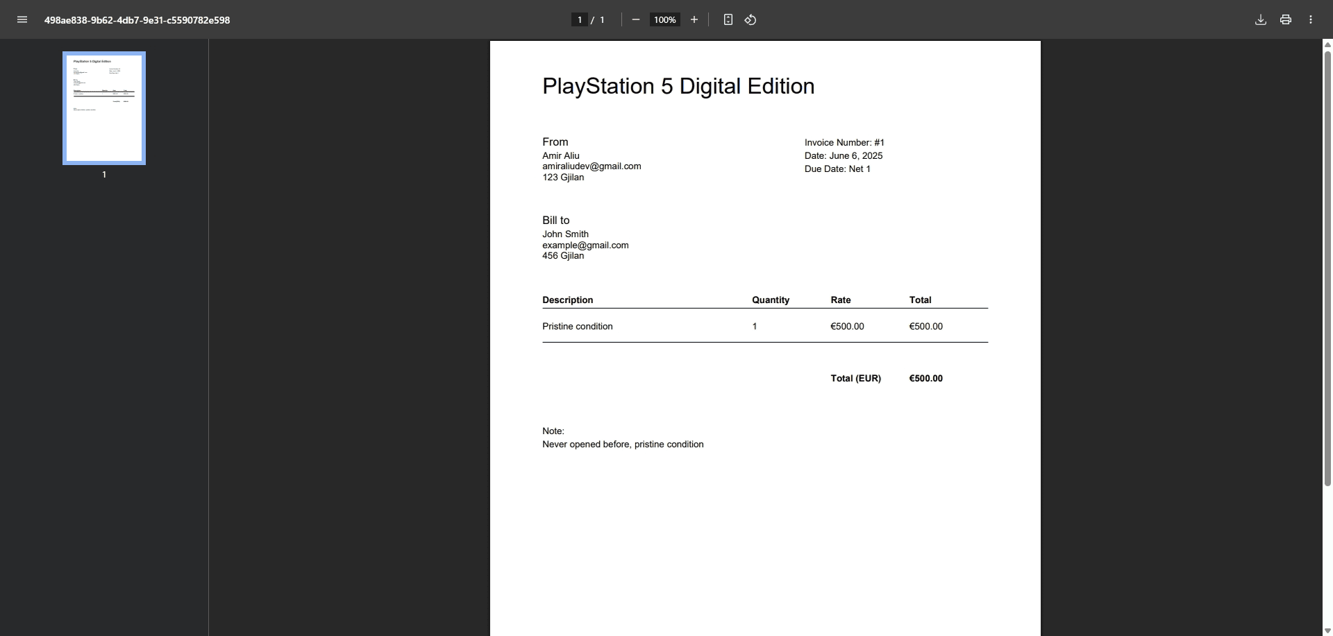 Showcasing the invoice PDF generated by the platform