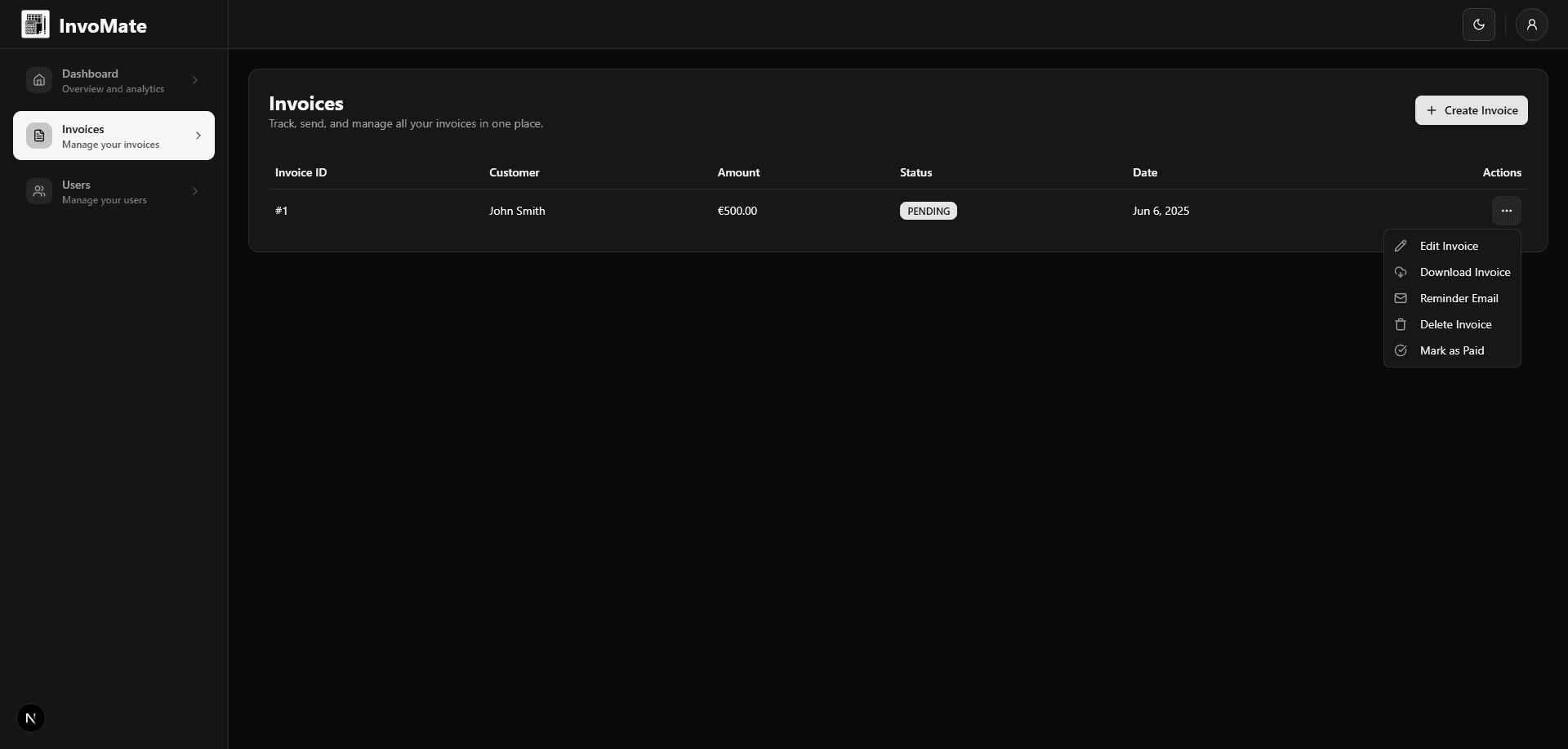 Showcasing the available invoice actions