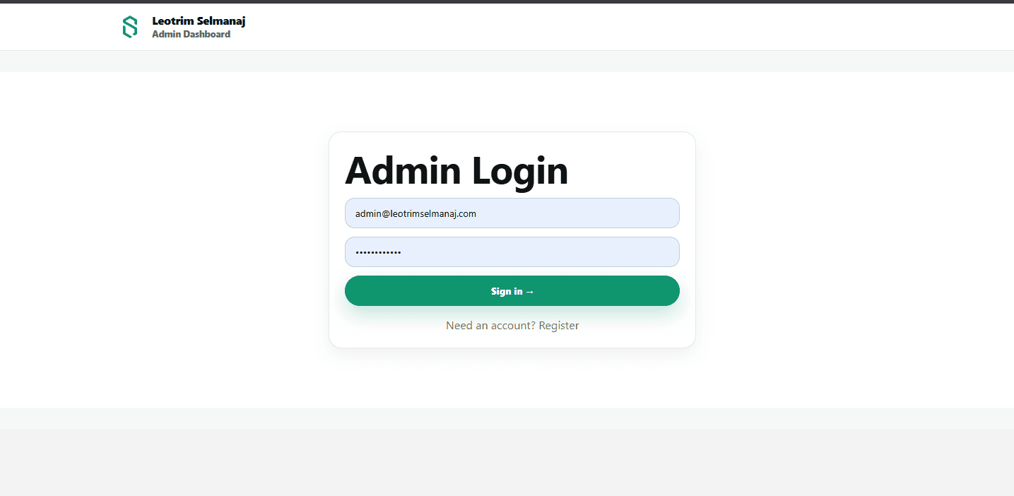 Admin login screen for the Leotrim Selmanaj dashboard