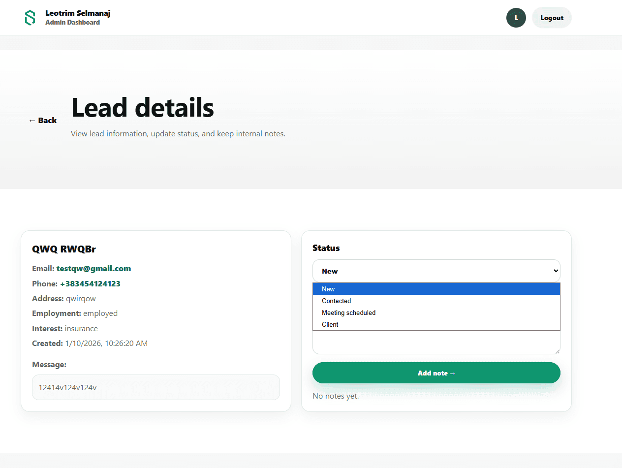 Lead status and notes editor in the admin dashboard