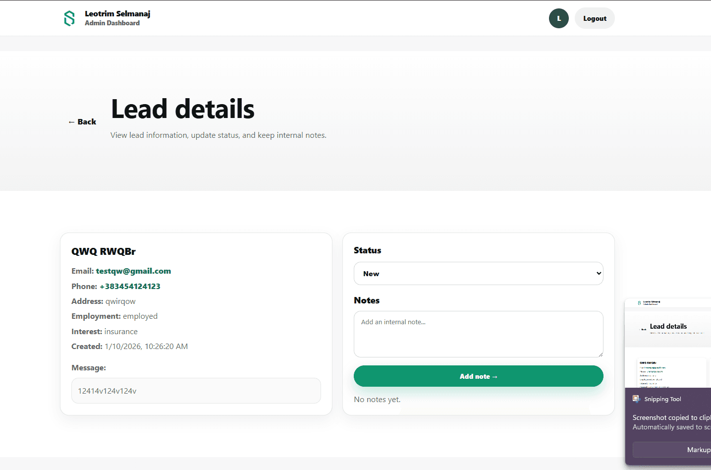 Lead details page showing customer information and status