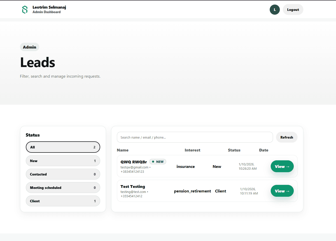 Leads overview page with filters and lead list