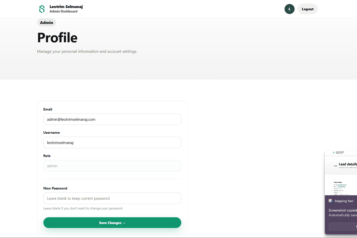 Admin profile and account settings page