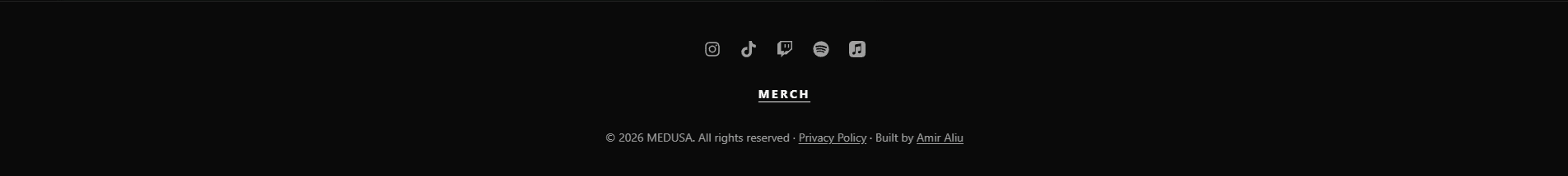 Medusa website footer with social links, merch navigation, and copyright