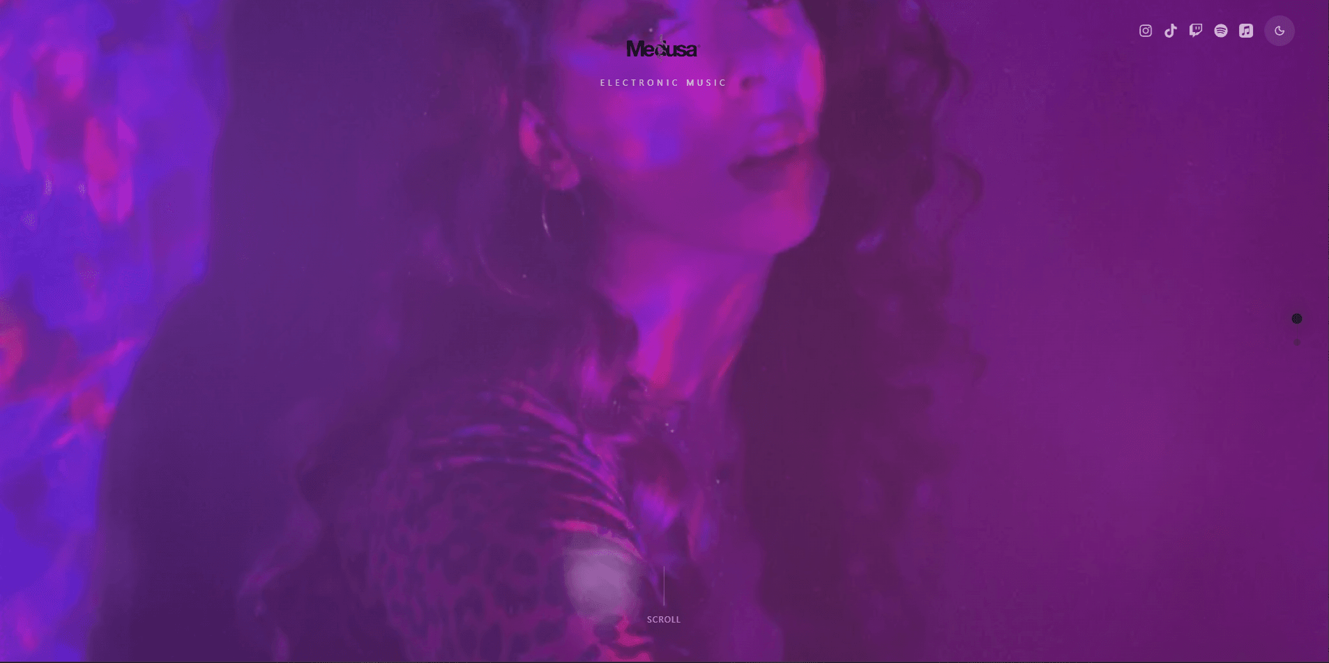 Medusa artist website hero section with neon purple lighting and social media icons