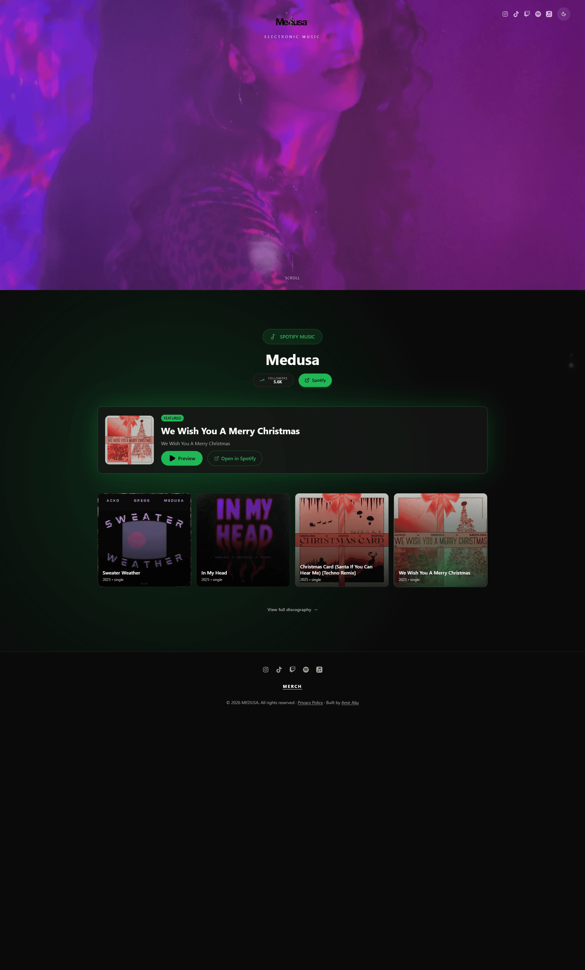 Full Medusa artist homepage with hero, music highlights, and footer