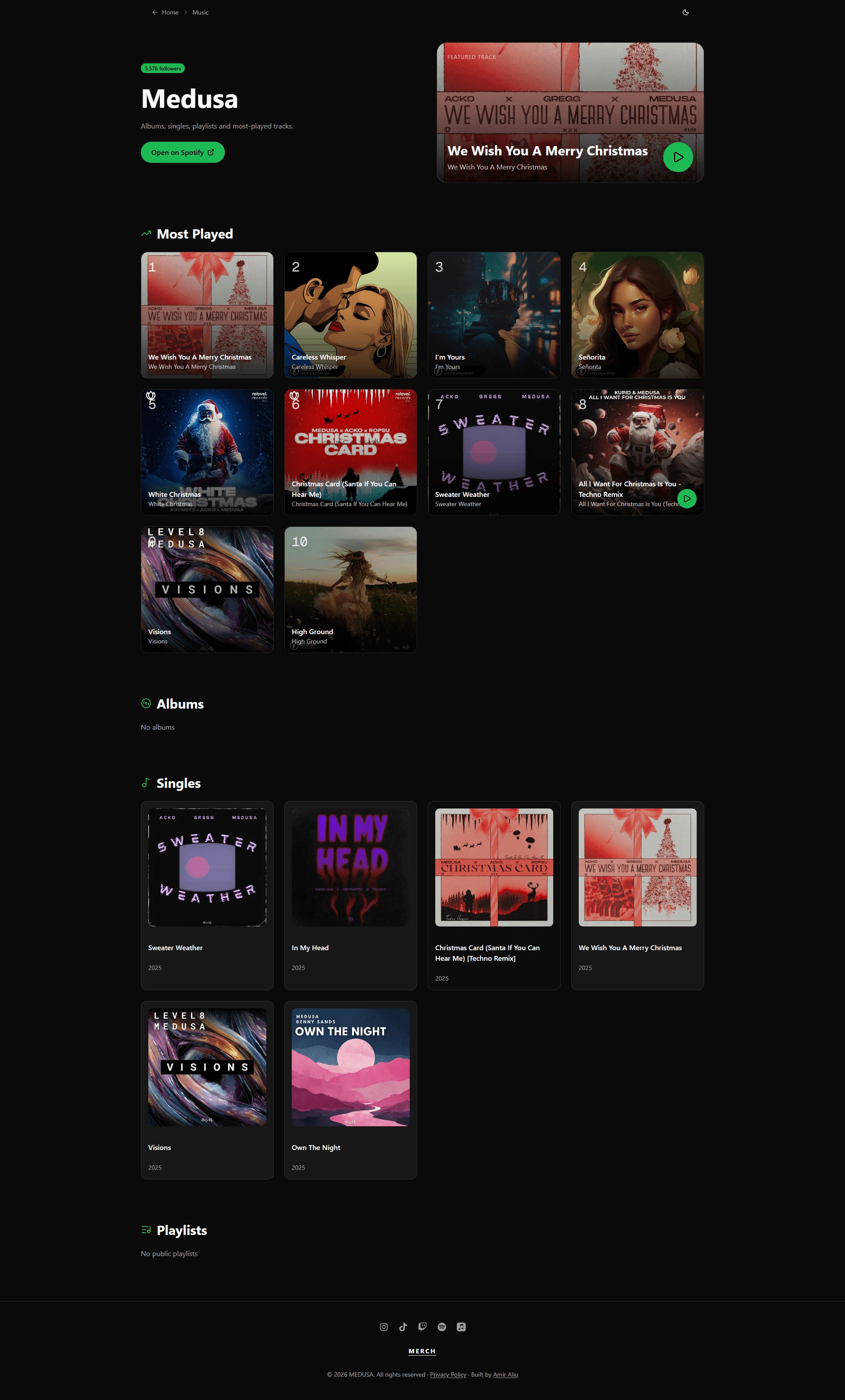 Medusa artist discography page with albums, singles, and most played tracks