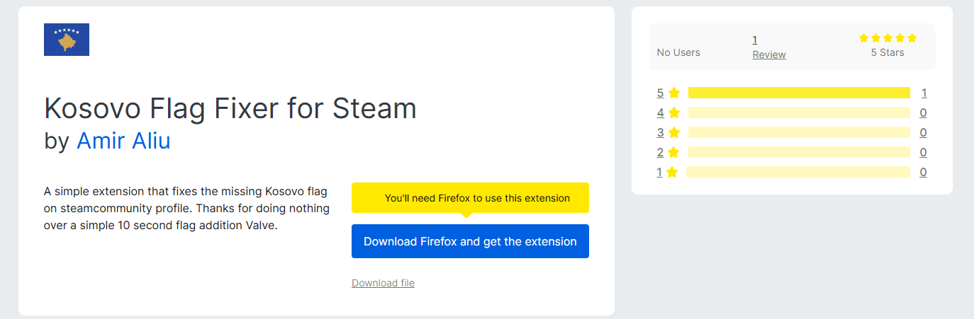 Screenshot of the Firefox Addon Store page for the Kosovo Flag Fixer extension